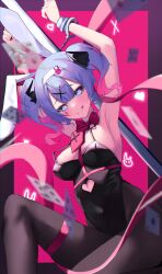 Rule 34 | 1girl, absurdres, animal ears, black leotard, black pantyhose, blue hair, bound, bound wrists, bow, bowtie, breasts, card, clothing cutout, cuffs, detached collar, fake animal ears, hair ornament, hairband, handcuffs, hatsune miku, heart, heart-shaped pupils, heart cutout, highres, leotard, medium breasts, medium hair, multicolored hair, pantyhose, pink hair, pink ribbon, playboy bunny, playing card, rabbit hole (vocaloid), rdeenz, red bow, red bowtie, ribbon, smile, solo, symbol-shaped pupils, tongue, tongue out, twintails, two-tone hair, vocaloid, white hairband, x hair ornament