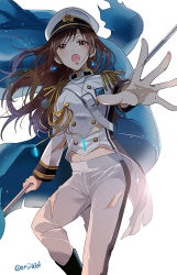 Rule 34 | &gt;:o, 10s, 1girl, :o, aiguillette, brown eyes, brown hair, epaulettes, gen (enji), hat, idolmaster, idolmaster cinderella girls, idolmaster cinderella girls starlight stage, long hair, military, military hat, military uniform, naval uniform, nitta minami, outstretched hand, pants, seizon honnou valkyria, solo, torn clothes, torn pants, uniform, v-shaped eyebrows