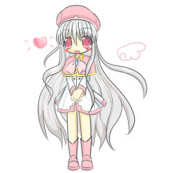 Rule 34 | 1girl, azmaria hendric, beret, blush stickers, boots, capelet, chibi, chrno crusade, female focus, grey hair, hat, heart, long hair, open mouth, pink eyes, skirt, very long hair, wings