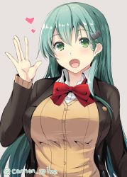 Rule 34 | 1girl, :d, blouse, breasts, brown jacket, brown sweater, cardigan, gin&#039;ichi (akacia), green eyes, green hair, grey background, heart, jacket, kantai collection, large breasts, long hair, long sleeves, neck ribbon, open mouth, red ribbon, remodel (kantai collection), ribbon, school uniform, shirt, simple background, smile, solo, suzuya (kancolle), sweater, white shirt