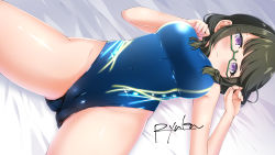 Rule 34 | 1girl, absurdres, black hair, blue one-piece swimsuit, breasts, commentary request, competition swimsuit, cowboy shot, glasses, highres, large breasts, long hair, looking at viewer, lying, one-piece swimsuit, prelati (symphogear), purple eyes, ryuka, senki zesshou symphogear, signature, solo, swimsuit, symphogear live