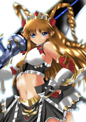 1girl banpresto blue_eyes brown_hair drill_hair elf female_focus fingerless_gloves gloves gun highres midriff neige_hausen pointy_ears solo super_robot_wars super_robot_wars_og_saga_mugen_no_frontier super_robot_wars_og_saga_mugen_no_frontier_exceed tiara weapon