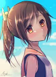 Rule 34 | 10s, 1girl, absurdres, bad id, bad pixiv id, blush, brown hair, closed mouth, day, eyebrows, from side, hair ornament, head tilt, highres, i-401 (kancolle), kantai collection, looking at viewer, ponytail, sailor collar, signature, sky, sleeveless, solo, swimsuit, twitter username, upper body, yuu zaki