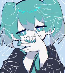 Rule 34 | 1girl, aqua eyes, aqua hair, aqua nails, aqua necktie, black shirt, bright pupils, colored skin, covered mouth, disembodied hand, dog shadow puppet, grey background, grey skin, half-closed eyes, hana ni kaze (vocaloid), hands up, hatsune miku, head tilt, highres, limited palette, long sleeves, looking at viewer, necktie, shirt, short hair, sign language, simple background, solo, transparent limb, twintails, uenomigi, upper body, vocaloid, white pupils