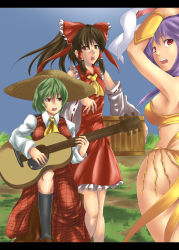 Rule 34 | 3girls, alternate costume, animal ears, ascot, bikini, black legwear, bow, box, breasts, brown eyes, brown hair, collared shirt, commentary request, dancer, detached sleeves, donation box, feet out of frame, frilled bow, frilled hair tubes, frilled skirt, frills, green hair, guitar, hair between eyes, hair bow, hair tubes, hakurei reimu, hat, holding, holding instrument, instrument, jiete, kazami yuuka, letterboxed, long hair, long skirt, long sleeves, looking at viewer, medium breasts, meme, multiple girls, music, open mouth, outdoors, plaid, plaid skirt, plaid vest, playing instrument, purple hair, rabbit ears, red bow, red eyes, red skirt, red vest, reisen udongein inaba, ribbon-trimmed sleeves, ribbon trim, shirt, short hair, sidelocks, singing, skirt, skirt set, socks, straw hat, swimsuit, touhou, vest, white shirt, white sleeves, yellow ascot, yellow bikini