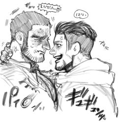 Rule 34 | 2boys, anger vein, bara, beard stubble, bursting pectorals, buzz cut, chest hair peek, couple, cropped torso, evil smile, eye contact, facial hair, flying button, from side, golden kamuy, graphite (medium), greyscale, hand on another&#039;s neck, highres, kasuke (li tgknk), looking at another, loose hair strand, male focus, mature male, monochrome, motion lines, multiple boys, muscular, muscular male, ogata hyakunosuke, pectoral cleavage, pectorals, profile, shirt, short hair, sketch, slit pupils, smile, stubble, tanigaki genjirou, tearing up, thick eyebrows, torn clothes, torn shirt, traditional media, translation request, veiny neck, very short hair, yaoi