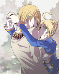 Rule 34 | 1boy, 1girl, ahoge, artoria pendragon (all), artoria pendragon (fate), asagi-so, bad id, bad pixiv id, blonde hair, dagger, dress, eye contact, fate/zero, fate (series), gilgamesh (fate), green eyes, hair over eyes, hand on another&#039;s face, hands on another&#039;s face, holding face, jewelry, knife, looking at another, necklace, official alternate costume, saber (fate), weapon