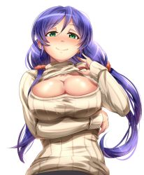 Rule 34 | 10s, 1girl, blue hair, blush, breasts, cleavage, cleavage cutout, clothing cutout, collar tug, collarbone, green eyes, highres, large breasts, long hair, long sleeves, looking at viewer, love live!, love live! school idol festival, love live! school idol project, magukappu, meme attire, open-chest sweater, ribbed sweater, scrunchie, smile, solo, sweater, tojo nozomi, turtleneck, twintails, upper body, very long hair