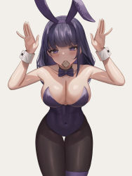 Rule 34 | 1girl, alternate costume, animal ears, arms up, bare arms, bare shoulders, black pantyhose, bow, bowtie, breasts, cleavage, condom, condom in mouth, covered navel, cowboy shot, fake animal ears, genshin impact, highres, large breasts, leaning forward, leotard, long hair, looking at viewer, mouth hold, pantyhose, playboy bunny, purple bow, purple bowtie, purple eyes, purple hair, purple leotard, rabbit ears, rabbit pose, raiden shogun, simple background, solo, thigh strap, toki88909, white background, wrist cuffs