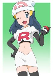 Rule 34 | 1girl, ;d, beanie, black gloves, boots, border, commentary request, cosplay, creatures (company), dawn (pokemon), elbow gloves, eyelashes, game freak, gloves, green background, grey eyes, hainchu, hand on own hip, hat, highres, holding, holding poke ball, jacket, jessie (pokemon), jessie (pokemon) (cosplay), logo, long hair, navel, nintendo, one eye closed, open mouth, poke ball, poke ball (basic), pokemon, pokemon (anime), pokemon journeys, skirt, smile, solo, team rocket, team rocket uniform, thigh boots, thighhighs, tongue, white border, white hat, white jacket, white skirt