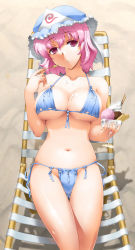 Rule 34 | 1girl, :o, absurdres, bikini, breasts, chair, cleavage, eating, female focus, food, front-tie top, groin, hat, henshako, highres, holding, ice cream, large breasts, lounge chair, lying, navel, pink eyes, pink hair, saigyouji yuyuko, shiny skin, side-tie bikini bottom, skindentation, solo, spoon, swimsuit, thigh gap, thighs, touhou, underboob, wafer sticks