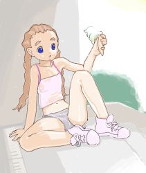 Rule 34 | 1girl, :o, arm support, bare shoulders, blue eyes, child, d2s1, food, streaked hair, ice cream, long hair, multicolored hair, navel, sitting, spread legs, sweat, twintails, undersized clothes