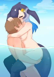 Rule 34 | 1boy, 1girl, anchor hair ornament, black thighhighs, blowhole, blue hair, blue sky, blue whale (kemono friends), blush, breasts, brown hair, closed eyes, cloud, commentary request, day, feet out of frame, fins, fish tail, grey hair, hair ornament, hand on another&#039;s ass, hand on another&#039;s head, hand on another&#039;s neck, head fins, hetero, highres, hug, illu (illu stratos), kemono friends, kemono friends 3, large areolae, large breasts, leg lock, long hair, multicolored hair, nipples, nude, ocean, outdoors, partially submerged, partially underwater shot, sex, sky, swimming, tail, thighhighs, underwater, underwater sex, water