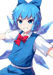 Rule 34 | 1girl, adapted costume, blue bow, blue eyes, blue hair, blue skirt, blue vest, bow, bowtie, cirno, clenched teeth, collared shirt, cowboy shot, detached wings, hair bow, highres, ice, ice wings, looking at viewer, mr. miruku, open mouth, outstretched arms, red bow, red bowtie, shirt, short hair, short sleeves, simple background, skirt, skirt set, solo, spread arms, teeth, touhou, v-shaped eyebrows, vest, white background, white shirt, wings