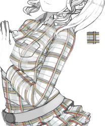 Rule 34 | 1girl, breasts, head out of frame, large breasts, long sleeves, monochrome, original, plaid, plaid shirt, pupps, shirt, short hair, simple background, smile, solo, spot color, white background