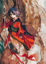 Rule 34 | 1girl, bad id, bad twitter id, blood, bowl, bowl hat, full body, hat, heinrich (fernanderuddle), highres, holding, holding needle, japanese clothes, kimono, long sleeves, needle, needle sword, purple hair, red eyes, red kimono, solo, standing, sukuna shinmyoumaru, touhou, wide sleeves