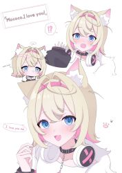 Rule 34 | !?, 1girl, :d, ^^^, animal collar, animal ear fluff, animal ears, arrow (symbol), black collar, blonde hair, blue eyes, blush, chain, chibi, closed mouth, collar, colored inner animal ears, commentary request, cropped shoulders, crossed bangs, dog ears, dog girl, embarrassed, english text, fake horns, fang, flustered, fur trim, hair between eyes, hairband, hand up, happy, haru hhmn, headphones, headphones around neck, highres, hololive, hololive english, horns, index fingers together, mococo abyssgard, mococo abyssgard (1st costume), multicolored hair, multiple views, open mouth, pink hair, pink hairband, shirt, short hair, sleeves past wrists, smile, speech bubble, spiked collar, spikes, spoken interrobang, streaked hair, sweatdrop, two side up, virtual youtuber, white background, white shirt