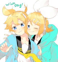 Rule 34 | 1boy, 1girl, aqua hoodie, bad id, bad twitter id, blonde hair, blue eyes, bow, brother and sister, cheek-to-cheek, clothes grab, hair bow, hair ornament, hairclip, headphones, heads together, headset, highres, kagamine len, kagamine rin, necktie, one eye closed, oyamada (pi0v0jg), parted lips, sailor collar, short hair, short ponytail, siblings, smile, twins, v, vocaloid, yellow neckwear