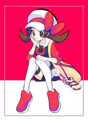 Rule 34 | 1girl, blue overalls, bow, brown eyes, brown hair, cabbie hat, closed mouth, collarbone, commentary request, creatures (company), framed, game freak, hat, hat bow, highres, kamota (momokomati), knees together feet apart, long hair, lyra (pokemon), nintendo, overalls, pokegear, pokemon, pokemon hgss, red background, red bow, red footwear, red shirt, shirt, shoes, sitting, smile, solo, thighhighs, twintails, white hat, white thighhighs, yellow bag