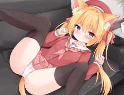 1girl absurdres animal_ear_fluff animal_ears ass black_thighhighs blonde_hair blush cameltoe cat_ears cat_girl cat_tail couch crotch_seam hair_ribbon hat highres indoors legs legs_up long_hair long_sleeves looking_at_viewer lying mochizuki_riku neckerchief on_back original panties pink_neckerchief pink_ribbon pleated_skirt red_eyes red_hat red_shirt red_skirt ribbon sailor_collar school_uniform serafuku shirt skirt solo spread_legs tail thighhighs thighs twintails underwear white_panties