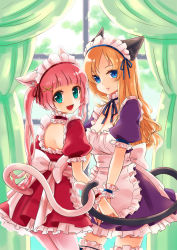 Rule 34 | 2girls, :d, absurdres, animal ears, aqua eyes, bad id, bad pixiv id, blonde hair, blue eyes, breasts, cat ears, cat tail, cleavage, curtains, highres, hisana, intertwined tails, large breasts, long hair, looking at viewer, multiple girls, open mouth, original, pink hair, smile, tail, thigh strap, twintails, window, wrist cuffs