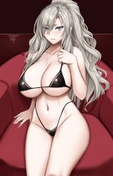Rule 34 | 1girl, akitsuki karasu, bikini, black bikini, blue eyes, blush, breasts, chair, cleavage, closed mouth, commission, eyes visible through hair, fate/grand order, fate (series), frown, grey hair, highres, indoors, kriemhild (fate), large breasts, long hair, looking at viewer, mole, mole under eye, navel, ponytail, sitting, skeb commission, solo, swimsuit