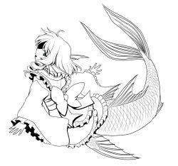 Rule 34 | 1girl, :d, blue eyes, drill hair, fins, frilled kimono, frilled sleeves, frills, greyscale, head fins, isaki (gomi), japanese clothes, kimono, long sleeves, mermaid, monochrome, monster girl, obi, open mouth, outstretched arms, sash, short hair, smile, solo, spot color, touhou, wakasagihime, wide sleeves