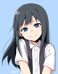 Rule 34 | 1girl, asashio (kancolle), black hair, blue background, blue eyes, blush, buttons, closed mouth, collared shirt, hair between eyes, kantai collection, long hair, looking at viewer, moti coi, shirt, short sleeves, signature, simple background, smile, solo, upper body, white shirt