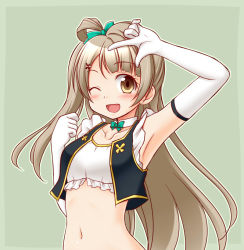 Rule 34 | 10s, 1girl, ;d, armpits, blush, brown eyes, brown hair, crop top, elbow gloves, gloves, long hair, looking at viewer, love live!, love live! school idol festival, love live! school idol project, midriff, minami kotori, navel, no brand girls, one eye closed, open mouth, shiny skin, simple background, smile, solo, utomo, vest