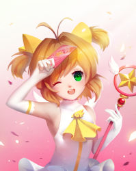 Rule 34 | 1990s (style), 1girl, absurdres, antenna hair, bad id, bad pixiv id, blonde hair, card, cardcaptor sakura, clow card, dress, elbow gloves, gloves, gradient background, green eyes, highres, hoshi no tsue, kinomoto sakura, liuzexiong, one eye closed, open mouth, retro artstyle, round teeth, solo, teeth, twintails, upper body, wand, white dress, white gloves