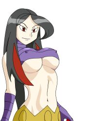 Rule 34 | 1girl, absurdres, black hair, breasts, covered erect nipples, creatures (company), game freak, highres, large breasts, long hair, lucy (pokemon), midriff, navel, nintendo, poke ball, pokemon, pokemon emerald, pokemon rse, quasi99, smile, solo, third-party edit, underboob