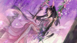 Rule 34 | 1girl, absurdres, animal ears, black hair, bug, butterfly, douluo dalu, dress, flower, full body, glowing butterfly, high heels, highres, insect, looking at viewer, parted lips, pink dress, ponytail, rabbit ears, second-party source, sitting, solo, swing, teeth, wisteria, xiao wu (douluo dalu), zacao tong