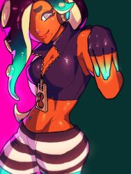 Rule 34 | 1girl, closed mouth, crop top, dark-skinned female, dark skin, fingerless gloves, gloves, hair over one eye, headphones, long hair, looking at viewer, marina (splatoon), midriff, mole, mole under mouth, navel piercing, nintendo, octoling, pants, piercing, smile, solo, splatoon (series), splatoon 2, striped clothes, striped pants, symbol-shaped pupils, tentacle hair, thick eyebrows, two-tone background, udaruga, wide hips, zipper pull tab