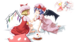 Rule 34 | 2girls, absurdres, aduo (xiaoduoxk), bat wings, blonde hair, blue hair, crystal wings, dress, flandre scarlet, full body, hat, hat ribbon, highres, mob cap, multiple girls, on bed, pink dress, puffy short sleeves, puffy sleeves, red dress, red ribbon, remilia scarlet, ribbon, short sleeves, siblings, simple background, touhou, twins, white background, wings
