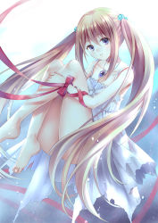 Rule 34 | 1girl, bad id, bad pixiv id, blue eyes, bow, brown hair, dress, feet, from side, fukahire (ruinon), hair between eyes, hair ornament, jewelry, long hair, looking at viewer, looking to the side, necklace, original, solo, torn clothes, torn dress, twintails, very long hair, white dress