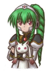 Rule 34 | 00s, 10s, 1girl, crossover, galaxy angel, green hair, high ponytail, kyubey, long hair, mahou shoujo madoka magica, mahou shoujo madoka magica (anime), military, military uniform, mugen ouka, ponytail, red eyes, simple background, uniform, vanilla h