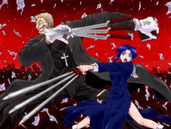 Rule 34 | 00s, 1boy, 1girl, alexander anderson, anderson, beard, between fingers, black keys (type-moon), blonde hair, blue eyes, blue hair, book, buttons, cassock, ciel (tsukihime), clenched teeth, cross, cross necklace, crossover, crowd, english text, epic, facial hair, flying paper, glasses, gloves, grin, habit, hellsing, holding, holding book, jewelry, latin cross, long sleeves, melty blood, necklace, opaque glasses, open clothes, open mouth, paper, short hair, skirt, smile, sword, teeth, tsukihime, type-moon, wallpaper, weapon, white gloves, white legwear