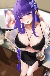 Rule 34 | 1girl, between breasts, black bra, black skirt, blunt bangs, blurry, blurry background, blush, bra, braid, breasts, cleavage, closed mouth, collared shirt, cup, dress shirt, drinking straw, flower, genshin impact, hair flower, hair ornament, highres, holding, holding cup, indoors, large breasts, liu liaoliao, long hair, long sleeves, looking at viewer, mole, mole under eye, monitor, multiple monitors, nail polish, open clothes, open shirt, purple eyes, purple flower, purple hair, purple nails, raiden shogun, shirt, skirt, solo, standing, underwear, very long hair, white shirt, yae miko