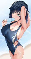Rule 34 | 1girl, absurdres, arm behind head, arm up, armpits, beach, black hair, blurry, blurry background, breasts, cleavage, collarbone, commentary, competition swimsuit, covered navel, diagonal bangs, eating, english commentary, food, from side, genshin impact, gradient hair, green eyes, highres, large breasts, multicolored hair, one-piece swimsuit, popsicle, popsicle stick, purple hair, short hair, skai kun, skindentation, solo, swimsuit, water, wet, yelan (genshin impact)