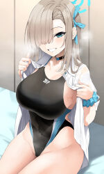 Rule 34 | 1girl, asuna (blue archive), black one-piece swimsuit, blue archive, blue eyes, blue ribbon, blush, breasts, choker, cleavage, collarbone, collared shirt, dress shirt, grin, hair over one eye, hair ribbon, halo, highres, inuzumi masaki, large breasts, light brown hair, long hair, looking at viewer, mole, mole on breast, navel, one-piece swimsuit, open clothes, open shirt, ribbon, school uniform, scrunchie, shirt, sitting, sleeves rolled up, smile, solo, stomach, swimsuit, thighs, very long hair, white shirt, wrist scrunchie