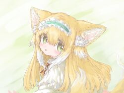 Rule 34 | 1girl, :o, animal ear fluff, animal ears, arknights, blonde hair, blush, fox ears, fox girl, fox tail, frilled hairband, frills, green eyes, hair between eyes, hairband, highres, long hair, looking at viewer, multicolored hair, multiple tails, parted lips, reitoubeef, simple background, solo, suzuran (arknights), suzuran (spring praise) (arknights), tail, upper body, white hair