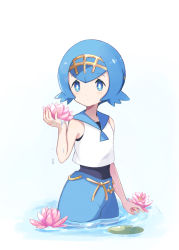Rule 34 | 1girl, bad id, bad pixiv id, black undershirt, blouse, blue eyes, blue hair, blue pants, blush, bright pupils, creatures (company), expressionless, female focus, flower, game freak, hair ornament, highres, holding, holding flower, lana (pokemon), lily pad, looking at object, lotus, matching hair/eyes, medium hair, mei (maysroom), nintendo, one-piece swimsuit, pants, partially submerged, pink flower, pokemon, pokemon sm, sailor collar, sailor shirt, shirt, simple background, sleeveless, sleeveless shirt, solo, standing, swimsuit, swimsuit under clothes, tiara, trial captain, upper body, wading, water lily flower, white background, white shirt
