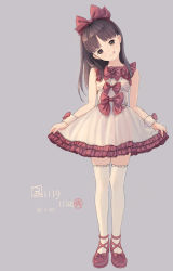 Rule 34 | :q, ankle lace-up, bad id, bad tumblr id, black hair, blush, bow, brown eyes, closed mouth, cross-laced footwear, dress, frilled dress, frills, full body, grey background, hair bow, head tilt, highres, kokudou juunigou, long hair, looking at viewer, mary janes, original, red bow, red footwear, see-through, see-through silhouette, shoes, signature, simple background, skirt hold, sleeveless, sleeveless dress, smile, solo, standing, thighhighs, tongue, tongue out, white dress, white thighhighs, wristband