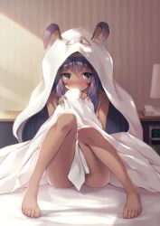 Rule 34 | 1girl, animal ears, barefoot, bed sheet, blanket, blush, clock, closed mouth, dark-skinned female, dark skin, embarrassed, facepaint, facial mark, fate/grand order, fate (series), female focus, indoors, jackal ears, knees up, lamp, naked sheet, nitocris (fate), nitocris (fate/grand order), nitocris (swimsuit assassin) (fate), nose blush, nude, on bed, ouka (ra-raradan), purple eyes, purple hair, sitting, solo, thighs