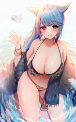 Rule 34 | 1girl, animal ears, warrior of light (ff14), bangle, bikini, blue eyes, blue hair, bracelet, breasts, cat ears, cat girl, day, final fantasy, final fantasy xiv, hand up, heart, heterochromia, highres, jewelry, kneeling, large breasts, miqo&#039;te, mochimochi dando, navel, off shoulder, outdoors, partially submerged, purple eyes, solo, stomach, swimsuit, thighs, water, waving