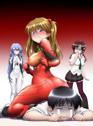 Rule 34 | 1boy, 3girls, absurdres, alternate hair length, alternate hairstyle, angry, artist request, ass, ass focus, ayanami rei, black hair, blue eyes, blue hair, bodysuit, breasts, brown hair, butt crack, evangelion: 3.0+1.0 thrice upon a time, femdom, gradient background, hair between eyes, hairband, highres, huge ass, ikari shinji, large breasts, long hair, looking at another, looking back, low twintails, makinami mari illustrious, medium breasts, multiple girls, neon genesis evangelion, plugsuit, rebuild of evangelion, red bodysuit, red eyes, school uniform, shiny clothes, simple background, sitting, sitting on person, skirt, souryuu asuka langley, tears, tsundere, twintails, two side up, very long hair