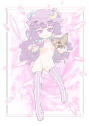 Rule 34 | 1girl, book, cleft of venus, female focus, full body, haibokusha, hat, matching hair/eyes, mob cap, navel, nipples, nude, pale color, patchouli knowledge, purple eyes, purple hair, pussy, solo, thighhighs, touhou, uncensored, white background