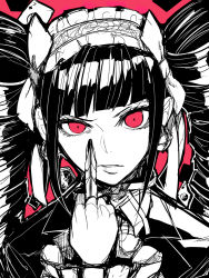 Rule 34 | 1girl, black nails, blunt bangs, bow, celestia ludenberg, claw ring, commentary request, danganronpa: trigger happy havoc, danganronpa (series), drill hair, gothic lolita, highres, hitoto, lolita fashion, looking at viewer, middle finger, nail polish, parted lips, red eyes, simple background, sketch, solo, teeth, twin drills, twintails, upper body, white bow