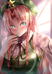 1girl, :/, absurdres, ahoge, bangs, beret, black neckwear, black ribbon, blush, bow, braid, breasts, china dress, chinese clothes, closed mouth, commentary request, day, dress, eyebrows visible through hair, eyes visible through hair, gold trim, green bow, green dress, green eyes, green headwear, green nails, hair bow, hair ribbon, hand on own chin, hand up, hat, hat ornament, highres, hong meiling, indoors, large breasts, long hair, looking at viewer, maboroshi mochi, nail polish, parted bangs, puffy sleeves, red hair, ribbon, side braids, solo, star (symbol), star hat ornament, touhou, tress ribbon, twin braids, upper body, very long hair, window
