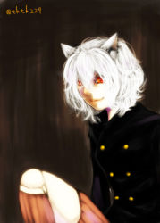 Rule 34 | 1girl, androgynous, animal ears, bad id, bad pixiv id, brown background, buttons, cat ears, coat, doll joints, double-breasted, hair between eyes, hunter x hunter, joints, kneehighs, knees up, lips, long sleeves, looking at viewer, neferpitou, other focus, red eyes, short hair, shueisha, simple background, smile, socks, solo, striped clothes, striped socks, takenaka (m y m0229)